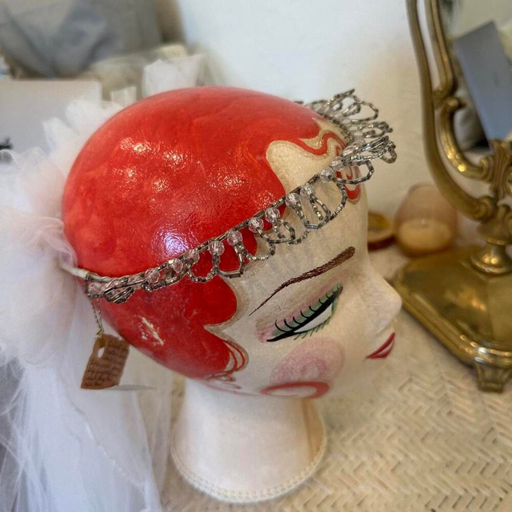 Vintage Crystal White Beaded Silver Bridal Tiara Crown Veil